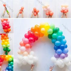 there are many balloons being made to look like a rainbow