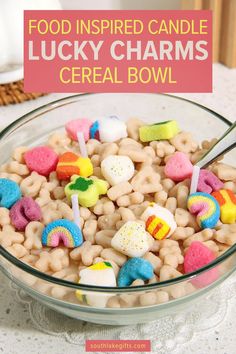 a bowl filled with lucky charms and marshmallows on top of a table