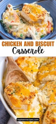 chicken and biscuit casserole in a blue dish