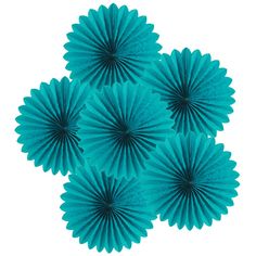 six teal paper fan decorations on a white background