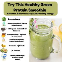 a green smoothie in a mason jar with ingredients to make it into a smoothie