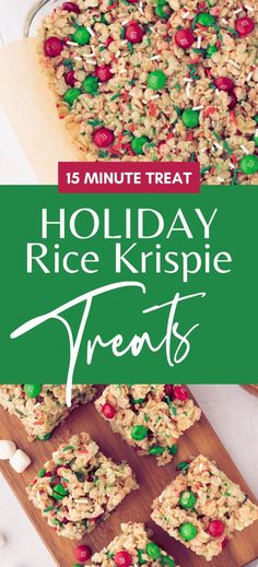 holiday rice krispie treats on a cutting board with text overlay that reads 15 minute treat