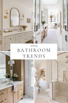 the bathroom is all white and has lots of natural wood accents in it, including mirrors