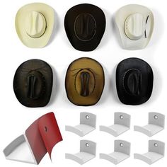 six different types of leather hats with white and black trims on each one side