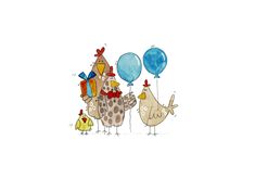 an image of chickens with balloons and gifts