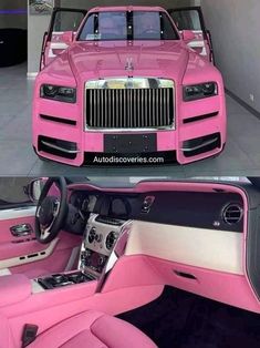 a pink rolls royce parked in a garage next to another car with the door open