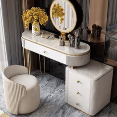 an elegant dressing table with flowers on it and a mirror in the corner next to it