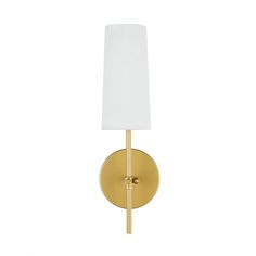 a gold wall light with a white shade on the top and bottom half of it