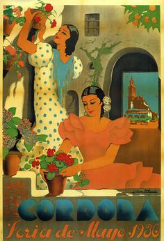 an old poster with two women holding flowers in front of a building and another woman standing next to her