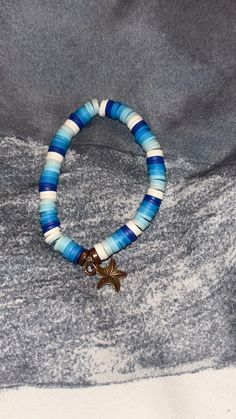 Shades of Blue clay beads with starfish charm Blue Clay Bracelet Ideas, Ocean Clay Bead Bracelets, Bracelet Patterns Clay Beads, Anklets To Make, Bracelet Clay Bead, Bracelet Clay, Make Clay Beads, Bracelet Stuff, Clay Bracelets