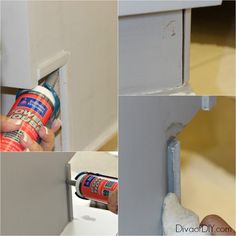 four pictures showing how to paint an old dresser with spray paint and wood stainer