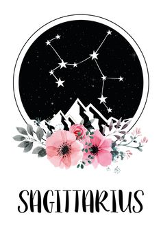 the zodiac sign sagittarius with flowers and stars on it's back