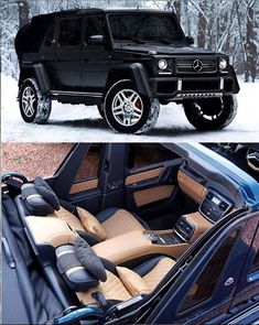 the interior and exterior of a black mercedes g - class suv in winter, with snow on the ground