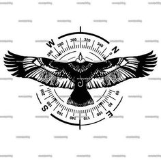 a black and white drawing of a bird on a compass