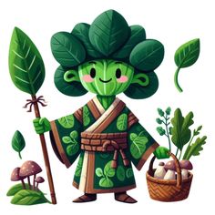 a cartoon character holding a stick and some plants