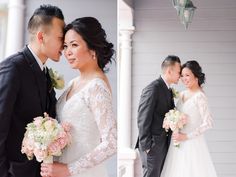 the bride and groom are posing for pictures