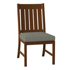 a wooden chair with a gray seat cushion