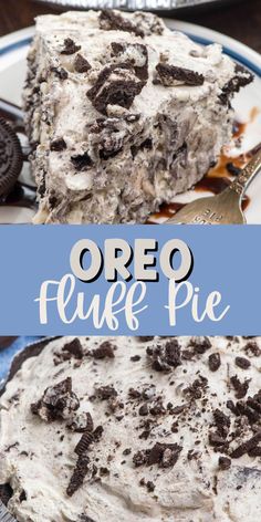 oreo fluff pie on a blue and white plate with the title overlay