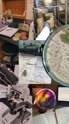 several different images of microscopes, books and papers