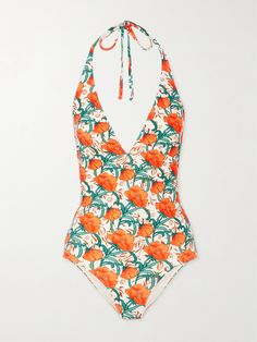 EXCLUSIVE AT NET-A-PORTER. La DoubleJ's swimsuit is printed with tropical orange blooms that'll fit right in on your next vacation. It's made from smoothing stretch fabric and has adjustable halterneck straps and a plunging neckline. Tropical Orange, Halter Neck Swimsuit, Brown Floral Print, Girls 21st, Orlebar Brown, Flat Dress Shoes, Dress Flats, Cute Bathing Suits, Blue Swimsuit