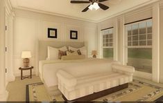 a large white bed sitting inside of a bedroom next to two windows and a ceiling fan