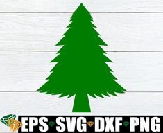 a green christmas tree cut file is shown on a white wood background with the words eps svg dxf