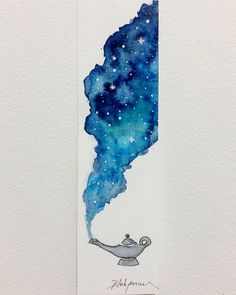 a watercolor painting of a teapot and stars in the sky