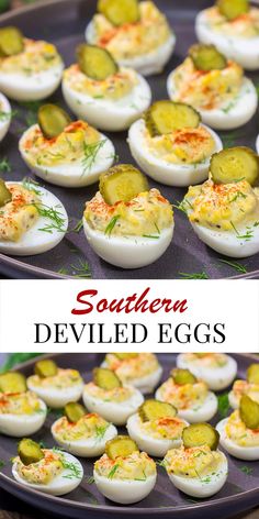 several deviled eggs with pickles and cheese on them are shown in this collage