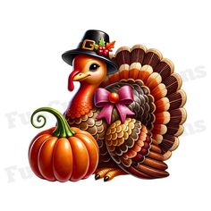 a turkey wearing a pilgrim hat and holding a pumpkin