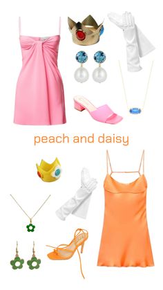 a bunch of different types of clothing and accessories on display with the words peach and daisy