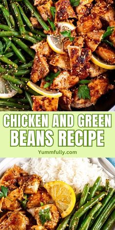 chicken and green beans recipe in a pan with rice, lemon wedges and asparagus