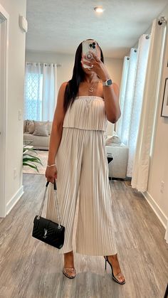 Luxuriance Style | The Boutique™ Jumpsuits The Pleated Jumpsuit Off The Shoulder Jumpsuit, Feminine Outfits, Pleated Jumpsuit, Cami Maxi Dress, Champagne Color, Overall Dress, Shoulder Design, Cinched Waist, Body Shapes