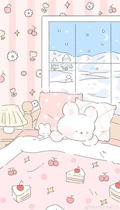 a bed room with a teddy bear sitting on it's pillow next to a window