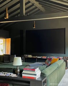 a living room filled with furniture and a flat screen tv mounted to the wall above it