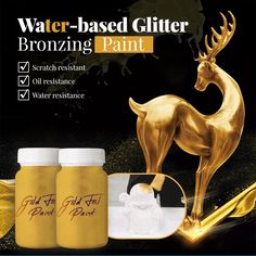 two bottles of water based glitter paint next to an image of a gold stag