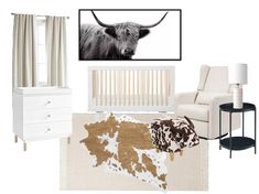 a baby's nursery room with white furniture and cow artwork on the wall, along with accessories