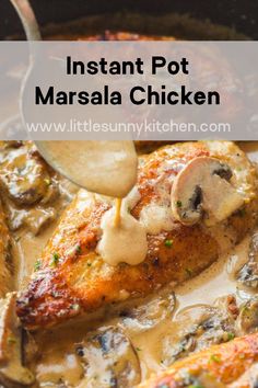 chicken with mushrooms and gravy in a skillet, being drizzled with sauce