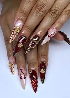 Cherry & Gold Luxe Drama Stiletto Nails, stylish autumn nails, autumn nail art, autumn nail designs, trendy fall nails Tropical Nail Art, Cherry Nail Art, Cherry Nail, Cheetah Print Nails