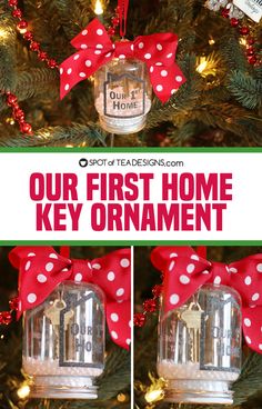 the first home key ornament is hanging from a christmas tree with red bows