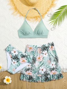 Multicolor Boho Collar   Floral,Tropical  Embellished High Stretch  Teen Girls Clothing Bathing Suit Outfits, Summer Stuff, Swimming Suits, Swimsuit Pattern, Cute Dress Outfits