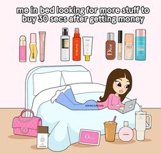 a woman laying in bed with lots of beauty products