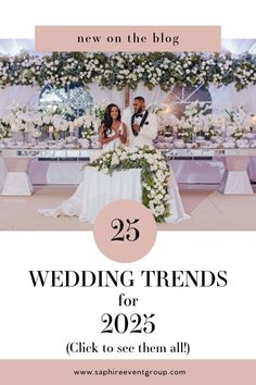 two people sitting at a table with flowers on it and the words 25 wedding trend for 2013