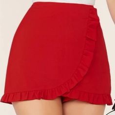 Never Worn Before Is A Skort With Two Layers Zip On The Side With A Hook Not Super High Waisted As It Looks On The Model Red Ruffled Shorts For Spring, Red Ruffled Shorts, Red Flirty Bottoms With Ruffles, Chic Red Ruffled Bottoms, Red Flirty Ruffled Bottoms, Red Bottoms With Ruffle Hem For Spring, Shein Shorts, Shein Pants, A Hook