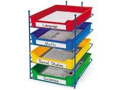 three tiered shelf with five different colored folders on it and the words language, math, social studies, science