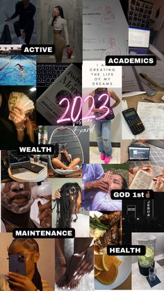 New Year vision board 2023 that includes goals to achieve in 2023 which are better performance in academics, building a relationship with the creator, better care for our hair, body, teeth and nails, initiating wealth building activities such as investments and involvement in sports or the gym Manifestation Vision Board, Vision Board 2023, 2023 Vision Board, Vision Board Pictures, Vision Board Manifestation, 2023 Vision, Vision Board, Money, Collage