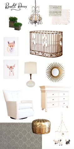 a white room with gold accents and pictures on the wall, including a baby's crib