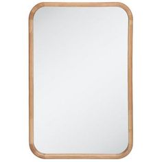 a wooden frame mirror on a white wall with a light brown border around the edge