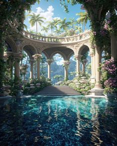 an artistic rendering of a pool surrounded by greenery and flowers with stairs leading up to it