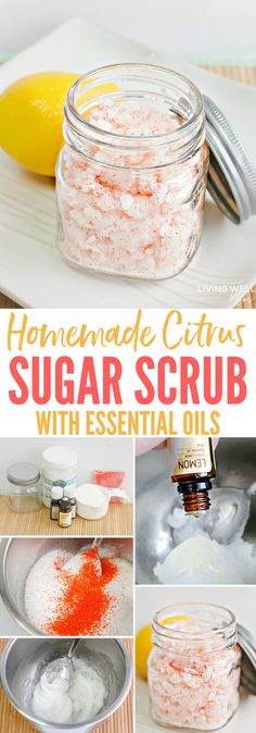 This homemade citrus sugar scrub with essential oils is easy to make and a wonderful way to pamper yourself. Using only all-natural ingredients, this sugar scrub works as an exfoliator and moisturizer at the same time. Plus it only takes about 5 minutes to make! #homemade #sugarscrub #essentialoils #naturalbeauty Roller Blend Recipes, Spa Essential Oils, Bath Salts Diy, Essential Oils For Beginners, Scrub Homemade, Scrub Diy, Diy Essentials, Face Scrub Homemade