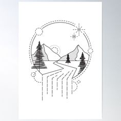 Aesthetic Landscape Drawing, Line Art Mountains, Mountain Landscape Illustration, Nature Line Art, Mountains And Trees, Mountain Tree, Art Mountains, Aesthetic Landscape, Drawing Poster